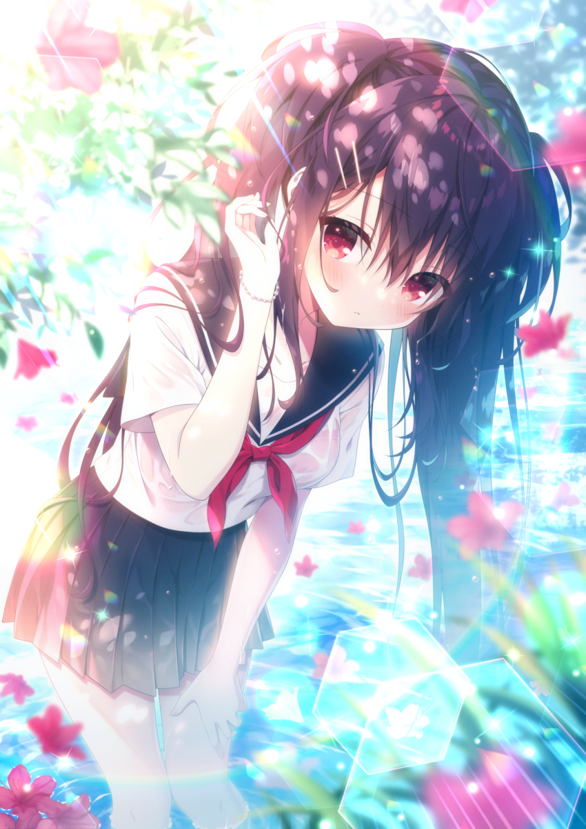 1girl bent_over black_sailor_collar black_skirt blush bra bra_visible_through_clothes bracelet breasts collarbone falling_petals feet_out_of_frame hair_between_eyes hair_ornament hairclip hand_on_own_thigh hand_up highres jewelry kamishiro_piyo knees_together_feet_apart lens_flare long_hair looking_at_viewer miniskirt moe2022 neckerchief original petals petals_on_liquid pink_bra pleated_skirt purple_hair red_eyes red_neckerchief sailor_collar school_uniform see-through_clothes serafuku shirt short_sleeves skirt small_breasts standing standing_on_liquid twintails underwear wet wet_clothes wet_shirt white_serafuku
