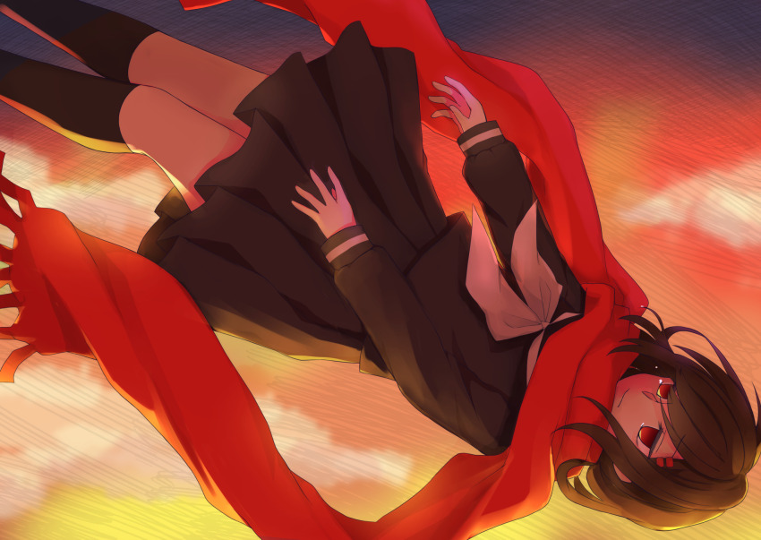 1girl additional_memory_(vocaloid) brown_hair crying enpera falling floating_tears highres kagerou_project long_sleeves neckerchief otiri pleated_skirt red_eyes scarf school_uniform serafuku skirt sky socks solo sunset tateyama_ayano tears