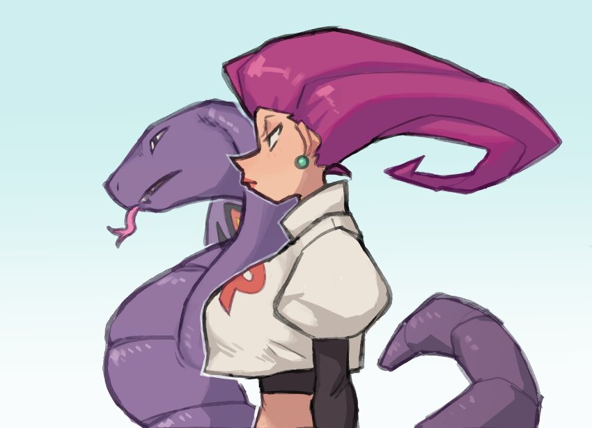 1girl arbok black_gloves cobra_(animal) crop_top earrings elbow_gloves expressionless from_side game_freak gen_1_pokemon gloves hair_slicked_back highres jessie_(pokemon) jewelry karu_184 light_frown lipstick long_hair makeup nintendo pink_hair pokemon pokemon_(anime) pokemon_(classic_anime) pokemon_(creature) profile puffy_short_sleeves puffy_sleeves red_lips short_sleeves single_letter snake sphere_earrings team_rocket team_rocket_uniform tongue tongue_out