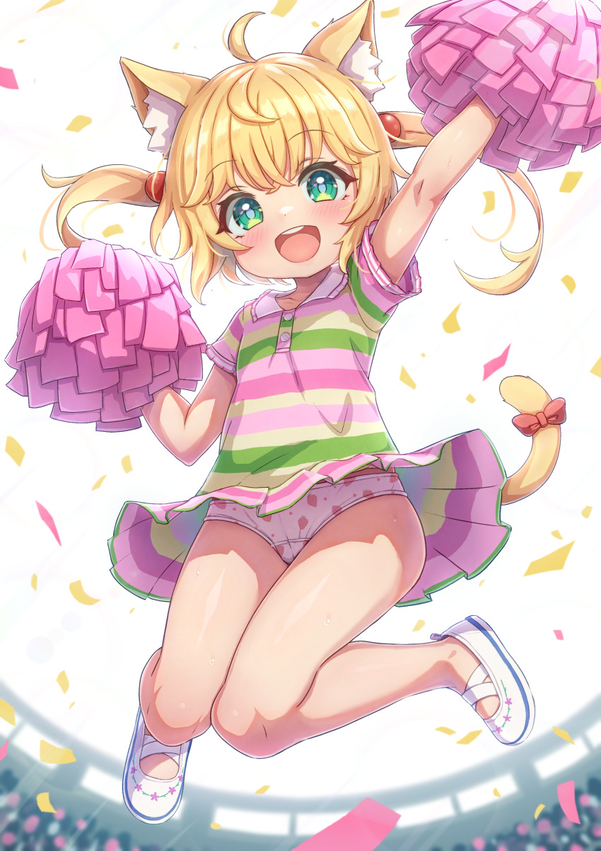 1girl :d absurdres ahoge animal_ear_fluff animal_ears bare_legs blonde_hair bow cat_ears cat_girl cat_tail collared_dress commentary_request commission dress food_print fruit_print full_body green_dress green_eyes hair_bobbles hair_ornament highres holding holding_pom_poms loli long_hair multicolored_dress open_mouth original panties pantyshot pink_dress pixiv_commission pom_pom_(cheerleading) pom_poms print_panties red_bow shoes short_sleeves smile solo strawberry_panties strawberry_print striped_clothes striped_dress tail tail_bow tail_ornament teeth twintails underwear upper_teeth_only upskirt variant_set white_panties white_shoes yellow_dress zusshii_(libertasgenesis)