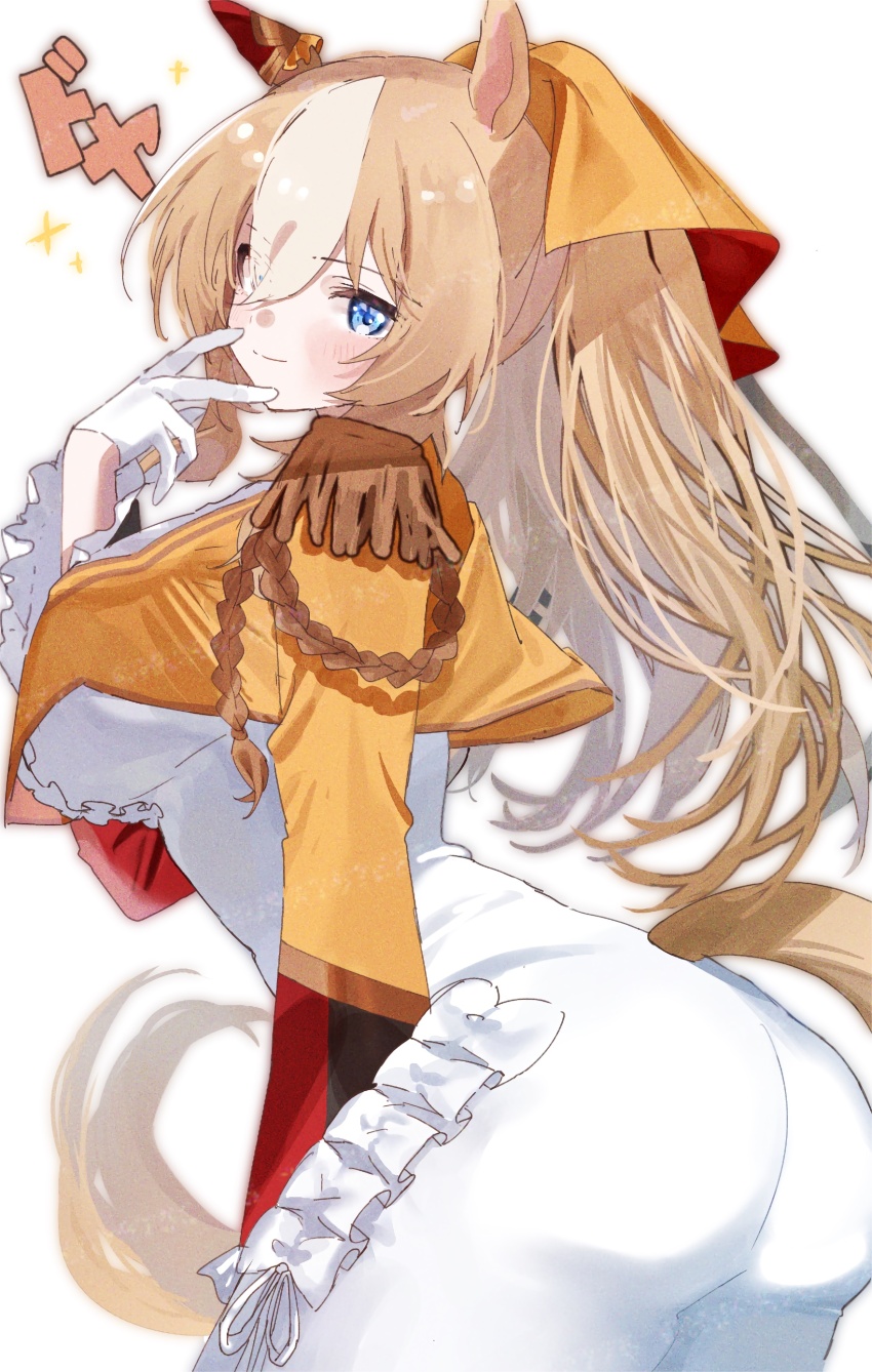1girl absurdres animal_ears ass blonde_hair blue_eyes breasts durandal_(umamusume) ear_covers epaulettes fingers_to_mouth gloves ha_(hura76752775) hair_between_eyes highres horse_ears horse_girl horse_tail large_breasts long_hair looking_at_viewer multicolored_hair single_ear_cover single_epaulette solo tail two-tone_hair umamusume white_hair