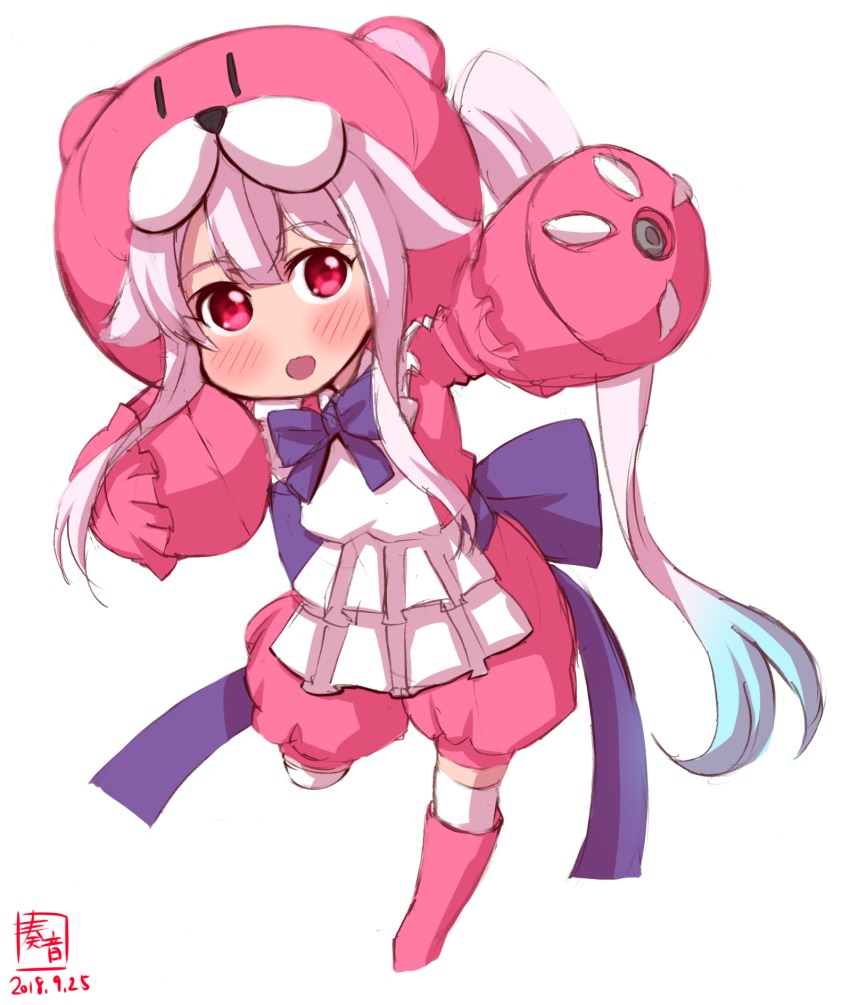 1girl :d back_bow beargguy_iii beargguy_iii_(cosplay) blush boots bow bowtie cosplay female_focus full_body graphite_(medium) gundam gundam_build_fighters harusame_(kancolle) highres kanon_(kurogane_knights) kantai_collection large_bow long_hair looking_at_viewer mixed_media open_mouth pink_boots purple_bow purple_bowtie simple_background sketch smile solo traditional_media white_background white_legwear