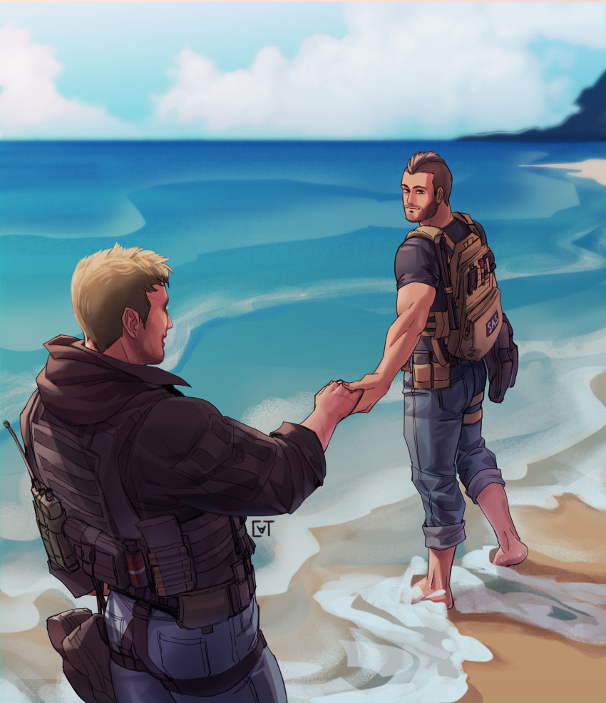2boys absurdres backpack bag bara barefoot beach belt black_belt black_hair black_jacket black_shirt blonde_hair blue_pants bulletproof_vest call_of_duty call_of_duty:_modern_warfare_2 cloud couple day facial_hair ghost_(modern_warfare_2) highres holding_hands hood hood_down hooded_jacket jacket looking_at_another male_focus multiple_boys muscular muscular_male outdoors pants shirt short_hair sky smile soap_(modern_warfare_2) sundaycat3 water yaoi