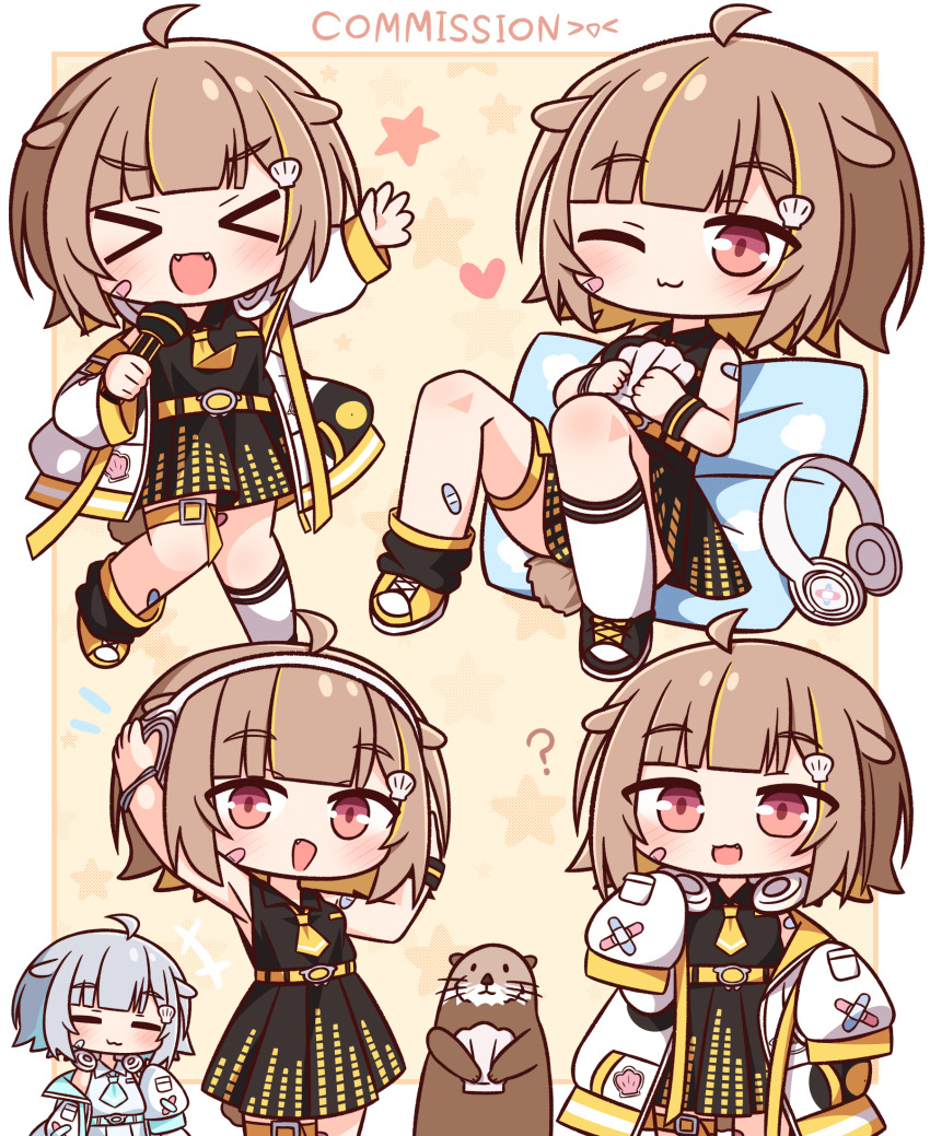 &gt;_&lt; 1girl :d ;) ? animal_ears arms_up asymmetrical_footwear asymmetrical_legwear bandaid bandaid_on_arm bandaid_on_cheek bandaid_on_face belt belt_buckle black_dress black_shoes black_socks blush border brown_background buckle chibi clam closed_eyes closed_mouth collared_dress commentary_request commission dress fang fang_out fangs grey_hair hana_kazari hands_on_headphones headphones headphones_around_neck headphones_removed highres holding holding_microphone jacket long_sleeves microphone million_production mismatched_footwear mismatched_legwear multiple_views necktie one_eye_closed open_clothes open_jacket open_mouth otonose_raco otter puffy_long_sleeves puffy_sleeves red_eyes shoes sleeveless sleeveless_dress smile socks star_(symbol) tail virtual_youtuber white_border white_jacket white_socks xd yellow_belt yellow_necktie yellow_shoes