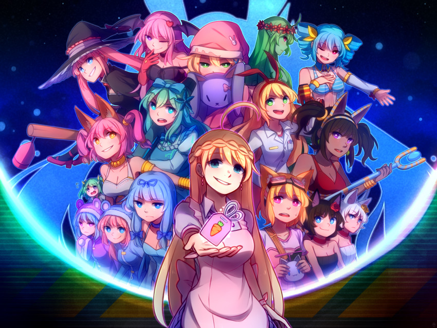 6+girls :d :o ;) ;d ahoge animal_ears animal_hood apron aruraune_(rabi-ribi) ashuri_(rabi-ribi) bare_shoulders bear_hood bikini bikini_top_only black_capelet black_dress black_hair blonde_hair blue_eyes blue_hair blue_jacket blue_leotard blush braid breasts capelet cat_ears chocolate_(rabi-ribi) choker cicini_(rabi-ribi) cleavage cocoa_(rabi-ribi) colored_skin covering_own_mouth dark-skinned_female dark_persona dark_skin demon_girl demon_wings detached_collar detached_sleeves dress drill_hair earrings energy_gun everyone evil_grin evil_smile fake_animal_ears flower fox_ears frown gameplay_mechanics glaring gloves green_eyes green_hair green_skin grin hair_between_eyes hair_flower hair_ornament hair_ribbon hat head_wings heart heart_hair_ornament high_heels highres holding holding_stuffed_toy hood hood_up jacket jewelry kotri_(rabi-ribi) laser_rifle leotard lilith_(rabi-ribi) long_hair looking_at_viewer m1_bazooka maid medium_hair miriam_(rabi-ribi) miru_(rabi-ribi) multiple_girls navel nieve_(rabi-ribi) nixie_(rabi-ribi) noah_(rabi-ribi) one_eye_closed open_mouth outstretched_arm pajamas pandora_(rabi-ribi) pink_eyes pink_hair pink_jacket pink_pajamas playboy_bunny purple_eyes rabbit_ears rabi-ribi red_bikini red_choker red_gloves ribbon rita_(rabi-ribi) rocket_launcher saya_(rabi-ribi) seana_(rabi-ribi) shaded_face shirt short_hair silhouette sleepwear smile smug speckticuls strap_slip strapless strapless_dress striped_bikini striped_clothes striped_dress stuffed_animal stuffed_rabbit stuffed_toy swimsuit syaro_(rabi-ribi) tube_dress twin_drills twintails vanilla_(rabi-ribi) vertical-striped_clothes vertical-striped_dress very_long_hair very_long_sleeves weapon white_dress white_hair white_shirt wings witch witch_hat x_hair_ornament yellow_eyes yellow_ribbon