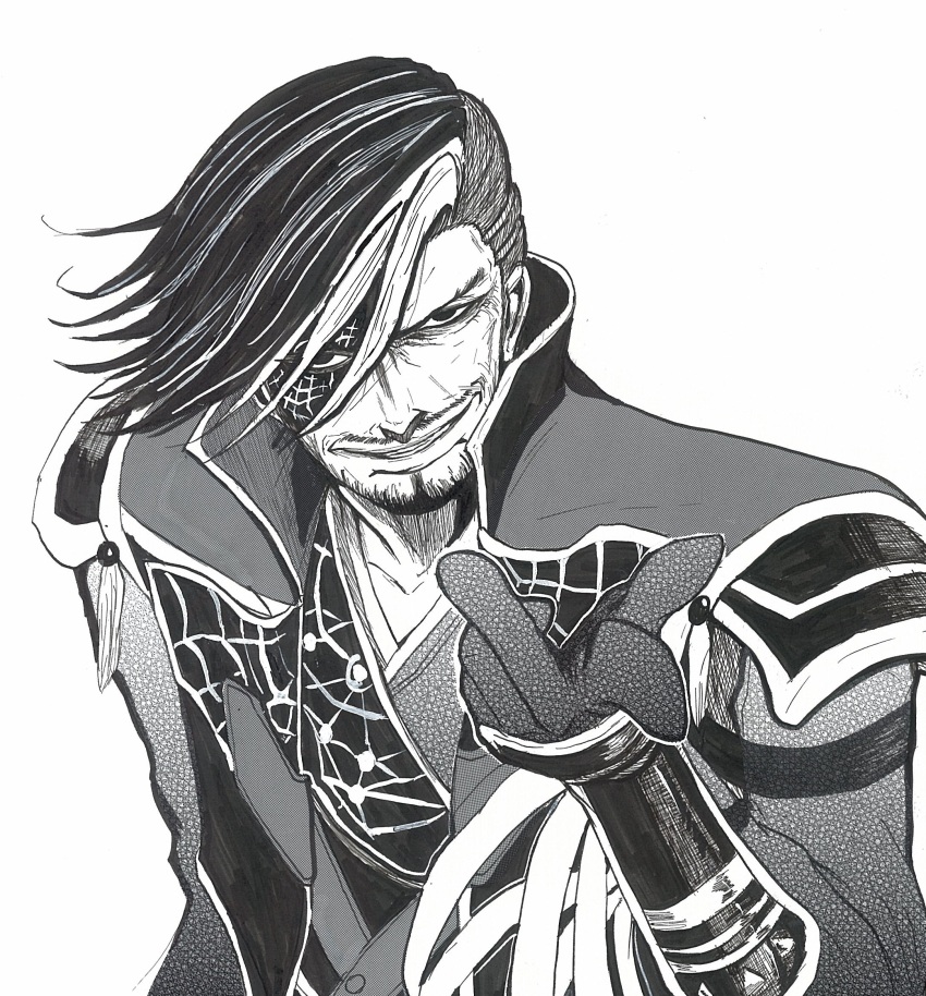 coat facial_hair goatee grin hair_over_one_eye highres japanese_clothes kimono matsunaga_hisahide monochrome multicolored_hair sengoku_musou smile two-tone_hair