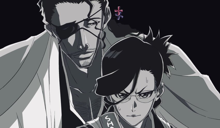 1boy 1girl 7l6cup9yzr1xu7d black_background black_hair black_kimono bleach bleach:_sennen_kessen-hen closed_mouth commentary english_commentary eyepatch facial_hair fighting_stance frown glasses greyscale hair_between_eyes hair_ornament hair_stick haori highres ise_nanao japanese_clothes kimono kyouraku_shunsui lips long_hair looking_at_another looking_at_viewer medium_hair monochrome nose official_style one_eye_covered portrait serious simple_background smile stubble sweat taichou_haori tsurime uncle_and_niece upper_body v-shaped_eyebrows
