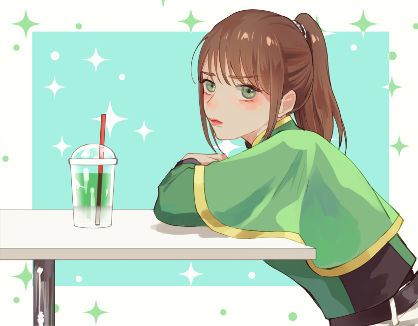 1girl brown_hair empty_smoothie_cup green_eyes hayami_sena hu_ji mashin_sentai_kiramager sparkling super_sentai table