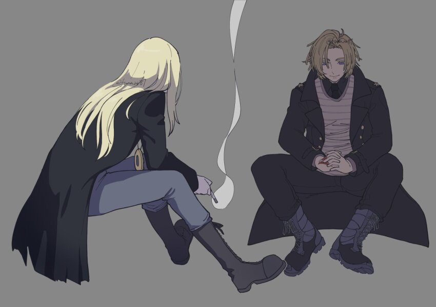 2boys black_coat black_pants blonde_hair coat daybit_sem_void fate/grand_order fate_(series) huna_nr long_hair multiple_boys pants sitting smoking tezcatlipoca_(fate)