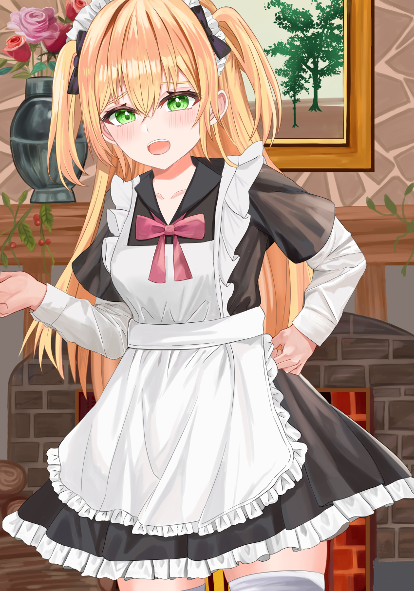 1girl absurdres admiral_hipper_(azur_lane) alternate_costume apron azur_lane black_bow black_dress blonde_hair blush bow breasts collarbone commentary_request crossed_bangs dress enmaided fireplace flower frilled_apron frilled_dress frills green_eyes hair_between_eyes highres log long_hair maid maid_apron maid_headdress open_mouth painting_(object) pink_bow red_flower red_rose rose short_sleeves skindentation small_breasts solo teeth thighhighs twintails upper_body upper_teeth_only user_pjgu3338 vase waist_apron white_apron