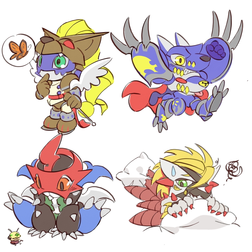 armor blonde_hair bug butterfly claws digimon digimon_(creature) duftmon green_eyes highres insect miragegaogamon paildramon rasenmon wings
