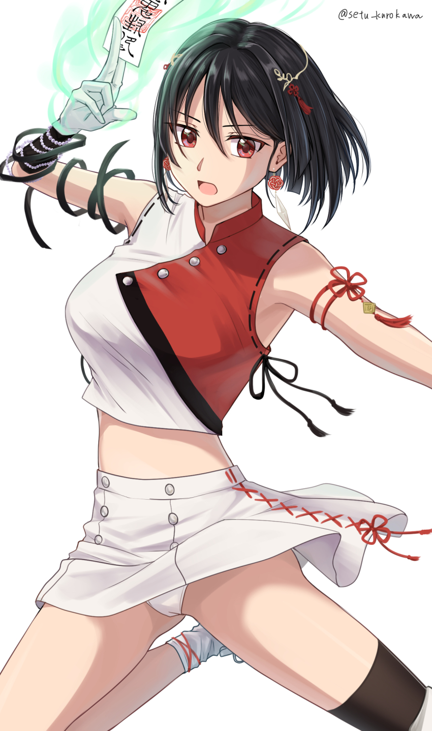 1girl artist_name black_hair black_thighhighs breasts cheerleader commission cropped_shirt gloves hair_between_eyes highres large_breasts looking_at_viewer midriff original panties pixiv_commission red_eyes setu_kurokawa shirt short_hair simple_background single_thighhigh skirt sleeveless sleeveless_shirt socks solo thighhighs thighs twitter_username underwear watermark white_background white_gloves white_panties white_skirt white_socks