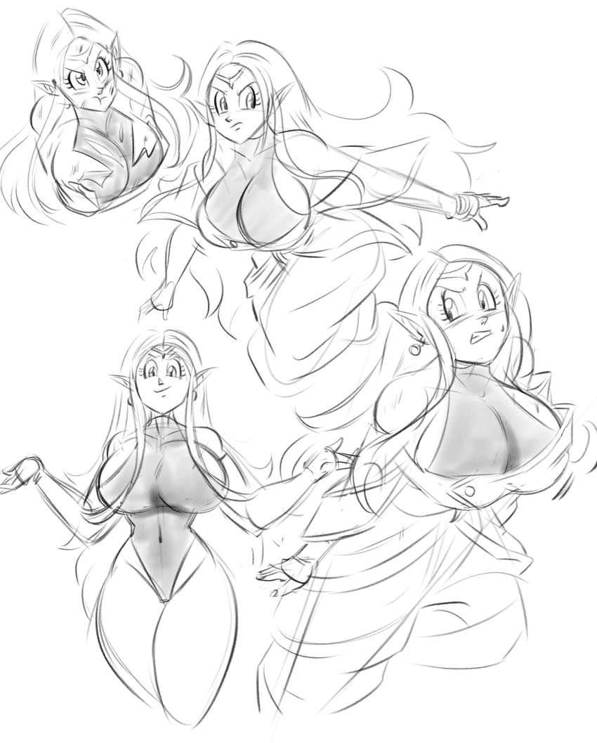 1girl absurdres breasts chronoa dragon_ball dragon_ball_heroes dragon_ball_xenoverse funsexydragonball highres large_breasts leotard long_hair nervous_sweating pointy_ears scratches sketch solo super_dragon_ball_heroes sweat thick_thighs thighs torn_clothes white_background