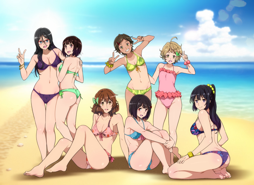 6+girls :d ahoge bare_arms bare_legs bare_shoulders barefoot beach bikini black_hair blonde_hair blue_bikini blue_eyes blue_sky bow bracelet breasts brown_eyes cleavage closed_mouth cloud day double_v frilled_one-piece_swimsuit frills front-tie_bikini_top front-tie_top glasses green_bikini green_bow green_eyes grin hair_between_eyes hair_bow halterneck hibike!_euphonium high_ponytail hisaishi_kanade horizon hugging_own_legs jewelry katou_hazuki kawashima_sapphire knees_up kousaka_reina lens_flare long_hair looking_at_viewer medium_breasts multiple_girls nakaseko_kaori navel ocean one-piece_swimsuit one-piece_tan open_mouth oumae_kumiko outdoors over-rim_eyewear pink_bikini pink_eyes ponytail purple_bikini purple_eyes red-framed_eyewear sbel02 scrunchie seiza semi-rimless_eyewear shore short_hair side-tie_bikini_bottom sitting sky smile standing stomach sunlight swept_bangs swimsuit tan tanaka_asuka tanline v wrist_scrunchie yellow_eyes