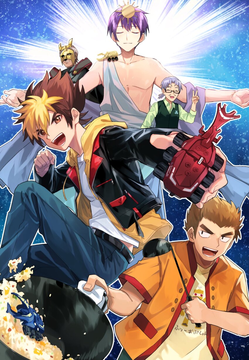 5boys ^_^ aged_up amanogawa_ryuusei amanogawa_taiki andou_loid atlas_beetle atlas_oukabuto_(kabutoborg) belt big_bang_(kabutoborg) black_belt black_cloak black_eyes black_hair black_jacket blonde_hair blue_pants brown_eyes brown_hair cloak closed_eyes collared_jacket commentary cooking facial_hair food green_shirt green_vest grin hair_between_eyes hand_up highres holding holding_ladle holding_toy hood hooded_jacket jacket jinzou_konchuu_kabutoborg_vxv kuroda_(kuro_yyy) ladle looking_at_viewer low_ponytail mask matsuoka_katsuji miyama_kuwagata_(kabutoborg) multiple_boys mustache no_nipples old old_man open_clothes open_mouth open_shirt outstretched_arms pants ponytail purple_hair rhinoceros_beetle robe ryuushou_ken shirt short_hair short_ponytail smile spread_arms stag_beetle standing sun_hair_ornament tempura toy toy_car v vest white_robe white_shirt wok yamato_kabuto_(kabutoborg) yellow_jacket yellow_shirt