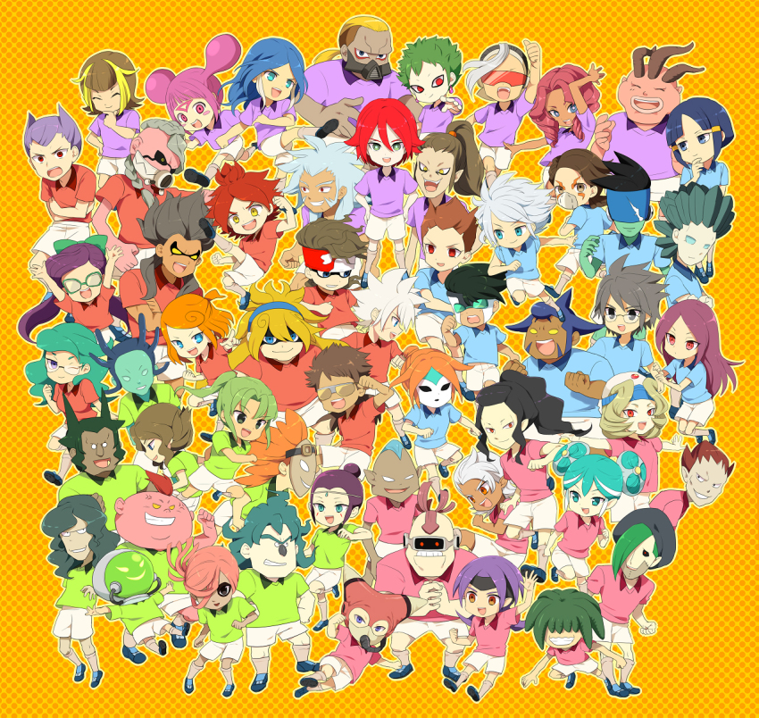 6+boys 6+girls atsuishi_shigeto bald barazono_han black_hair blue_hair brown_hair burn burn_(inazuma_eleven) crypto diam everyone evil_grin evil_smile glasses gran green_hair grin hagakure_koutarou happy hasuike_an headband heat_(inazuma_eleven) helmet_(inazuma_eleven) highres honba_geki inazuma_eleven inazuma_eleven_(series) ishidaira_hanzou izuno_yuu keeve kiyama_hiroto koma_(character) komazawa_kyouma kurakake_clara kurione_yuki long_hair maquia metron_(inazuma_eleven) midorikawa_ryuuji miura_hiromu multiple_boys multiple_girls murata_keisuke mureta_hachirou mutou_satoshi nagumo_haruya nemuro_miyuki neppa_(inazuma_eleven) nero_(inazuma_eleven) nitou_honoka ooiwa_kurando open_mouth orange_hair pink_hair ponytail quill_(character) red_eyes red_hair rezigigasunoyume saginuma_osamu saiden_jou_seung satou_kazuo segata_ryuuichiro shirt short_hair shorts smile sumeragi_maki sunglasses suzuno_fuusuke t-shirt tagme tanba_taiji touchi_ai touchi_shuuji urubida wheeze yagami_reina zel zohan_(inazuma_eleven)