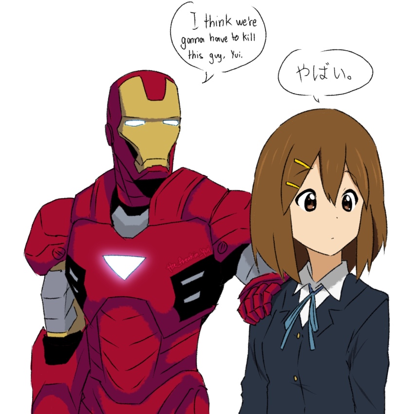 1boy 1girl armor black_jacket brown_eyes brown_hair closed_mouth commentary crossover dot_mouth dot_nose english_commentary english_text hair_ornament hairclip hand_on_another&#039;s_shoulder highres hirasawa_yui i_think_we&#039;re_gonna_have_to_kill_this_guy_steven_(meme) iron_man iron_man_(series) jacket k-on! marvel meme mixed-language_text power_armor sakuragaoka_high_school_uniform school_uniform short_hair simple_background speech_bubble superhero_costume the_freakin_yui translated upper_body white_background
