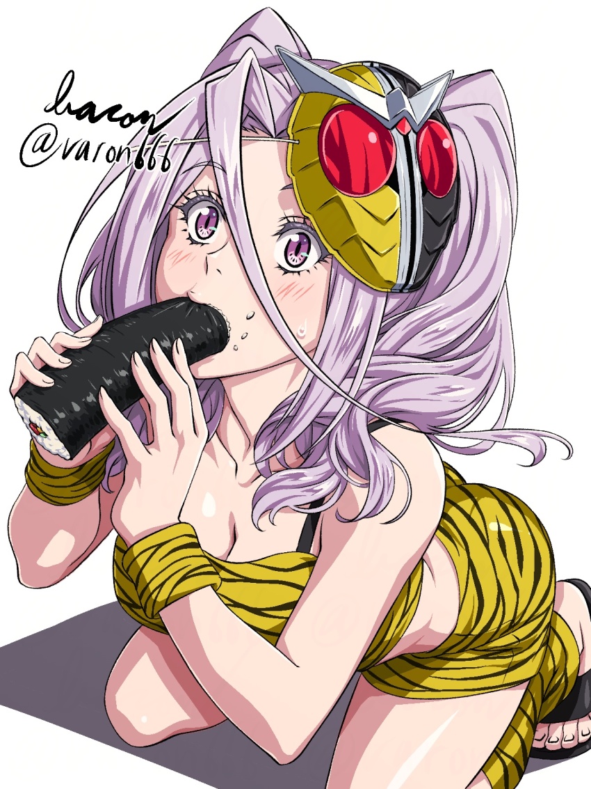 1girl baron_(varon666) breasts cleavage collarbone eating ehoumaki food fuuto_tantei kamen_rider kamen_rider_w large_breasts long_hair makizushi purple_eyes purple_hair setsubun solo sushi tokime_(fuuto_tantei) varon