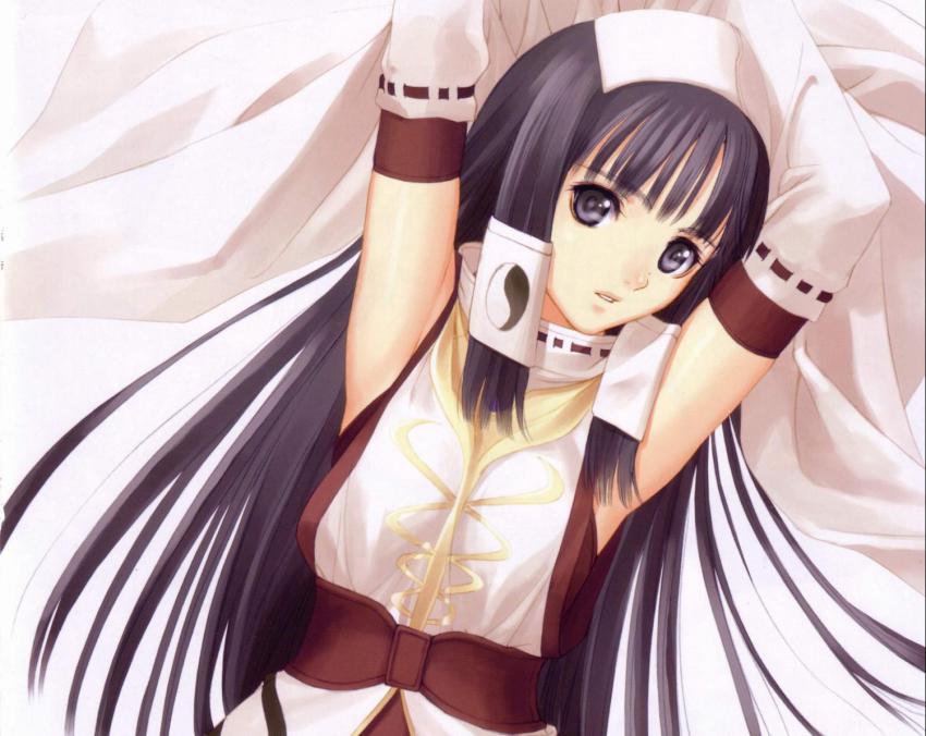 1girl armpits blouse elbow_gloves female_focus gloves halterneck hat long_hair purple_eyes ribbon-trimmed_shirt ribbon_trim ryuna ryuuna_(shining_tears) scan sega shining_(series) shining_tears shining_wind shirt simple_background solo standing tony_taka very_long_hair white_background white_hat white_shirt