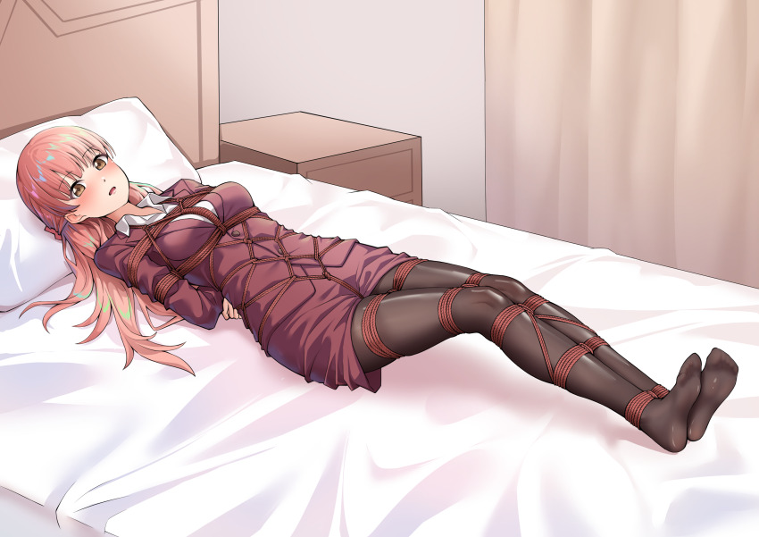 1girl absurdres arms_behind_back bdsm bed bed_sheet bedroom between_breasts between_legs between_thighs black_pantyhose black_shoes blush bondage bound bound_arms bound_breasts bound_legs bound_torso bow breast_bondage breasts brown_eyes clenched_hand clothes_lift collared_jacket collared_shirt commission crotch_rope curtains embarrassed female_focus hair_ornament hair_ribbon high_heels highres indoors jacket legs_together long_hair looking_at_viewer looking_to_the_side looking_up medium_breasts momose_narumi nightstand office_lady open_mouth otaku_ni_koi_wa_muzukashii pantyhose perky_breasts pillow pink_bow pink_hair pixiv_commission red_jacket red_rope red_skirt ribbon rope shibari shibari_over_clothes shirt shoes sidelocks skin_tight skindentation skirt skirt_lift solo surprised t_zhonglang tongue white_bed white_shirt