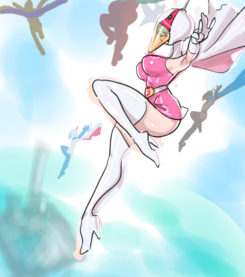 1girl 4boys alternate_breast_size animal_helmet artist_request ass belt blush bodysuit boots breasts cape cowboy_shot curvy elbow_gloves eyelashes gatchaman gloves helmet high_heel_boots high_heels highres huge_ass jinpei_the_swallow joe_the_condor jumping jun_the_swan ken_the_eagle large_breasts multiple_boys outdoors ryu_the_owl scan shiny_skin silhouette sky thigh_boots white_belt white_boots white_cape white_gloves wide_hips