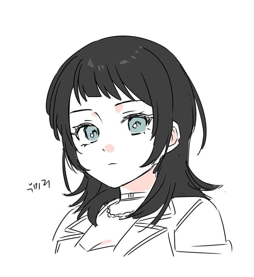 ... 1girl bang_dream! bang_dream!_it&#039;s_mygo!!!!! black_hair blue_eyes choker closed_mouth commentary_request habsida_(habsida_hpy) highres korean_commentary korean_text medium_hair simple_background solo spoken_ellipsis translation_request white_background yahata_umiri