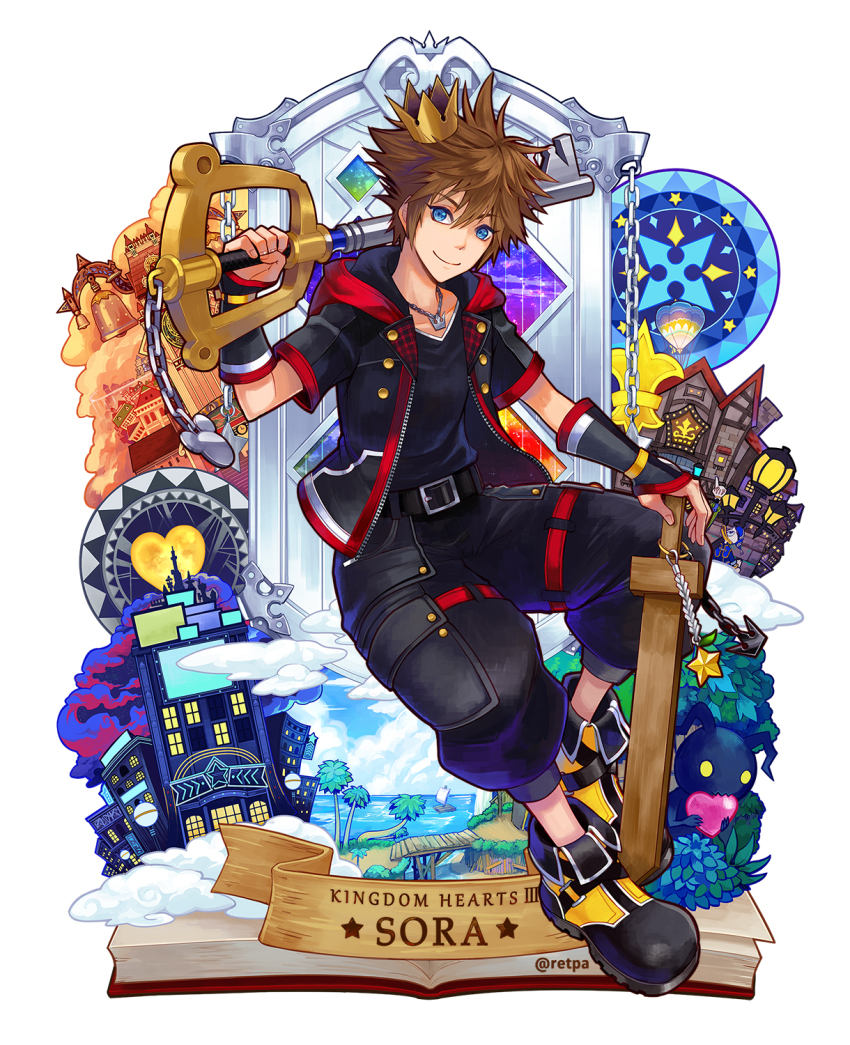 1boy aircraft artist_name bell belt black_belt black_jacket black_pants black_shirt blue_eyes blue_flower blue_sky boat book brown_hair chain chain_necklace character_name closed_mouth cloud commentary_request copyright_name crown crown_necklace donald_duck eating fingerless_gloves floating flower gloves goofy head_tilt heart heartless_(kingdom_hearts) highres holding holding_heart hot_air_balloon jacket jewelry keyblade kingdom_hearts kingdom_hearts_i kingdom_hearts_ii kingdom_hearts_iii kingdom_key lamppost looking_at_viewer male_focus moon necklace ocean open_book open_clothes open_jacket over_shoulder pants pointing pointing_up red_belt retpa sailboat shadow_(kingdom_hearts) shirt short_hair short_sleeves sky smile solo sora_(kingdom_hearts) spiked_hair sword watercraft weapon weapon_over_shoulder white_background wooden_sword yellow_moon zipper zipper_pull_tab