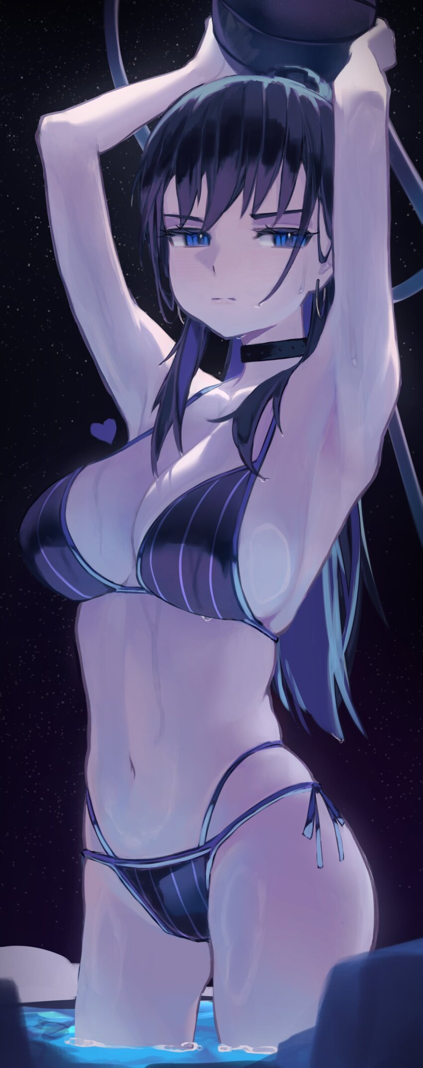 1girl absurdres adapted_costume arms_up bikini black_background black_bikini black_choker black_hair blue_eyes bongk breasts choker closed_mouth earrings highres hololive hololive_english jewelry large_breasts navel ouro_kronii simple_background solo swimsuit virtual_youtuber wading wet
