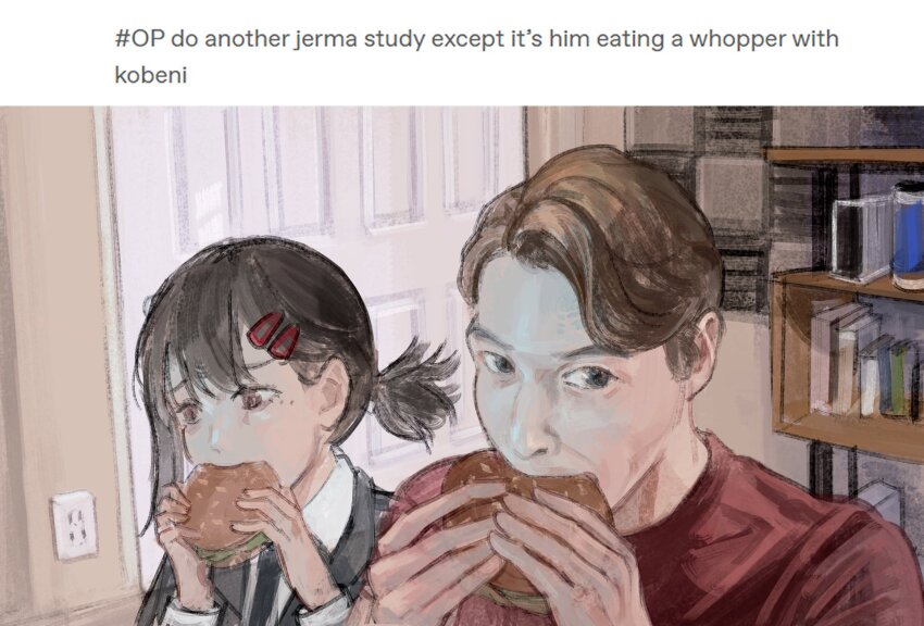 1boy 1girl black_hair black_jacket black_necktie bookshelf brown_eyes brown_hair burger chainsaw_man commentary door eating electrical_outlet english_commentary english_text food grey_eyes hair_ornament hairclip higashiyama_kobeni highres holding holding_burger holding_food indoors jacket jerma985 jerma985_(person) jerma985_eating_a_whopper_(meme) long_sleeves looking_at_viewer meme mole mole_under_eye necktie ponytail portrait real_life red_shirt request_inset shirt short_hair short_ponytail white_shirt xo_wawawa
