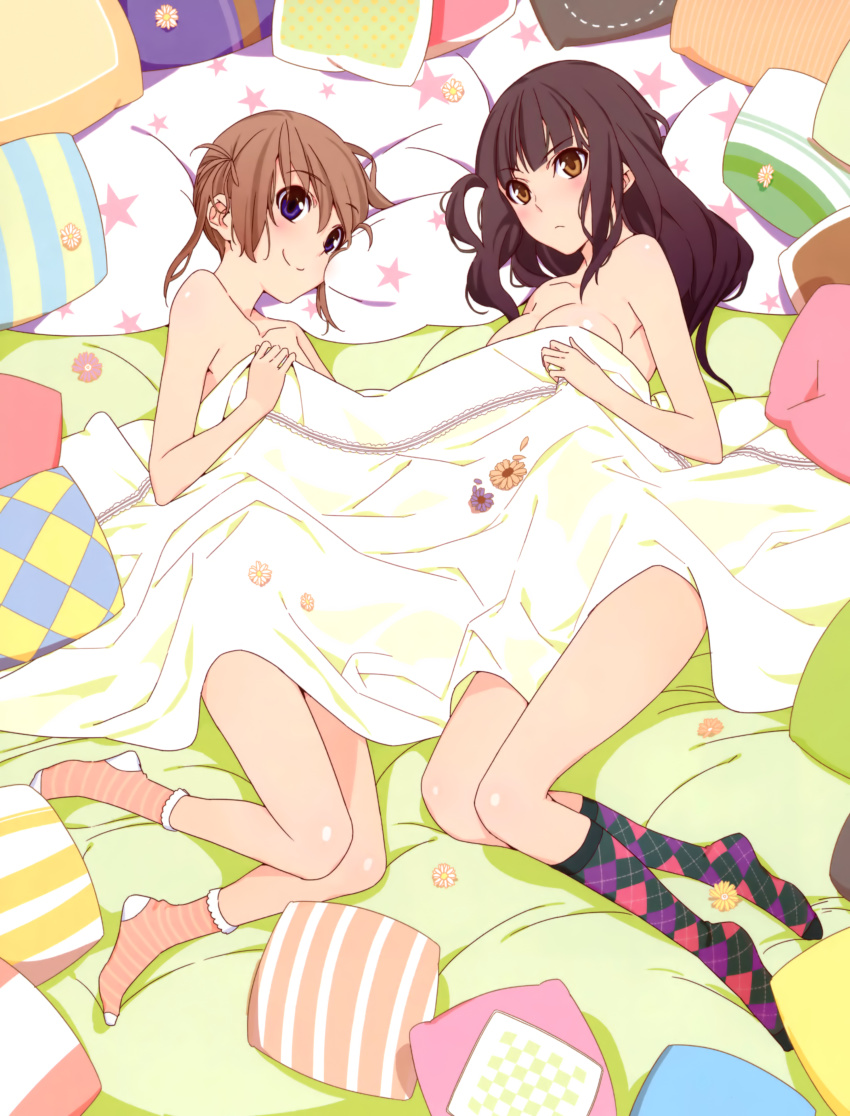 2girls absurdres amakawa_chinatsu argyle_clothes argyle_legwear bed_sheet black_hair blanket blue_eyes blush bobby_socks breasts brown_eyes brown_hair cushion feet flat_chest highres kneehighs long_hair long_legs looking_at_viewer lying memories_off memories_off_yubikiri_no_kioku morii_shizuki multiple_girls nagumo_kasumi naked_sheet no_shoes nude on_side pillow short_hair small_breasts smile socks striped_clothes striped_legwear striped_socks thighs