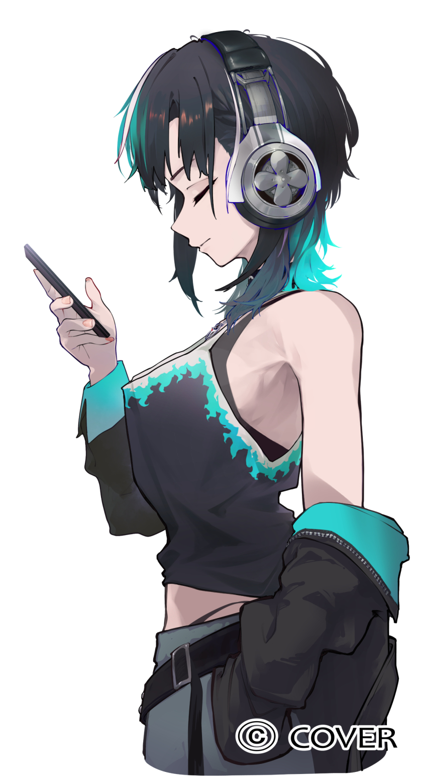 1girl absurdres alternate_costume belt black_belt black_hair black_jacket black_tank_top blue_hair blue_jacket blue_pants closed_eyes closed_mouth colored_inner_hair commentary_request copyright_notice denim fingernails flame_print from_behind full_body hand_up headphones highleg highres holding holding_phone hololive hololive_dev_is jacket jacket_partially_removed jeans jewelry medium_hair midriff multicolored_hair necklace official_art pants panty_straps phone purple_hair rindo_chihaya sauce_darusungi simple_background single_sleeve_past_fingers solo streaked_hair tank_top two-sided_fabric two-sided_jacket virtual_youtuber white_background white_hair