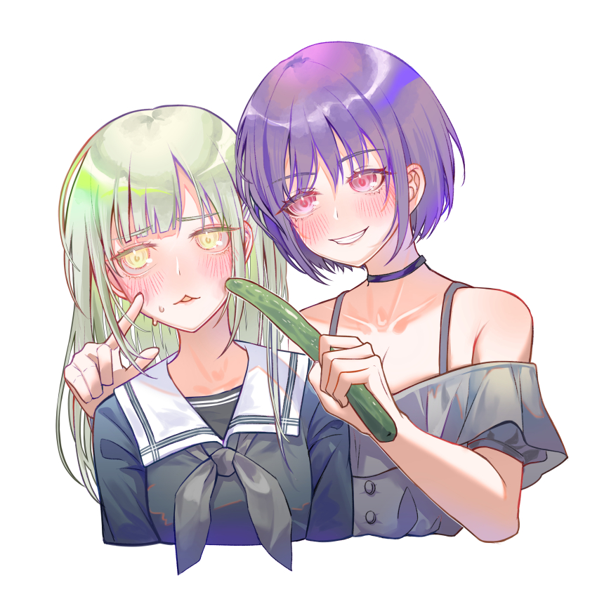 2girls absurdres armpit_crease arms_at_sides bang_dream! bang_dream!_it&#039;s_mygo!!!!! bare_shoulders black_choker black_shirt blush breasts cheek_press chinese_commentary choker cleavage collarbone commentary_request cropped_arms cropped_torso cucumber ear_blush epo_(0epo0) finger_to_another&#039;s_cheek food green_hair grey_neckerchief grey_shirt grin hair_between_eyes hair_ornament hairclip hands_up highres holding holding_food long_hair long_sleeves looking_at_another looking_at_viewer medium_breasts multiple_girls neckerchief off-shoulder_shirt off_shoulder parted_lips pink_eyes purple_hair sailor_collar school_uniform serafuku shirt short_sleeves side-by-side simple_background smile spaghetti_strap sweat triangle_mouth tsukinomori_school_uniform upper_body wakaba_mutsumi white_background white_sailor_collar yellow_eyes yuutenji_nyamu