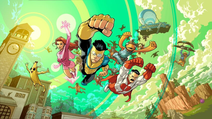 artist_collaboration atom_eve black_hair breasts building bus cape capelet character_request cloud commentary covered_abs dave_mccaig english_commentary fingerless_gloves fishstick_(fortnite) foreshortening fortnite gloves green_sky grey_hair highres invincible_(character) invincible_(series) leotard mark_grayson medium_breasts motor_vehicle muscular muscular_male nolan_grayson official_art omni-man orange_hair parachute peely pink_capelet pink_leotard red_cape ryan_ottley samantha_eve_wilkins signature sky sun superhero_costume the_brat_(fortnite) tree