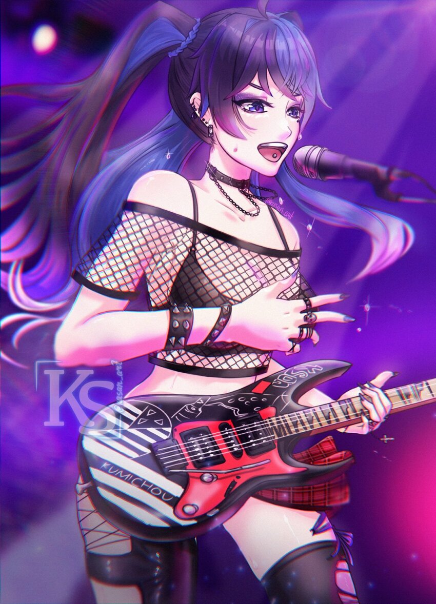 1girl ahoge black_bra black_choker black_hair black_nails black_pants black_thighhighs blue_eyes blue_hair blue_nails bra breasts choker ear_piercing eyeshadow fishnet_top fishnets guitar half-skirt highres holding holding_instrument instrument jewelry kasan_art kson kson_(goth) large_breasts long_hair looking_at_viewer makeup microphone miniskirt mole mole_under_eye multicolored_hair multiple_rings nail_polish necklace off-shoulder_shirt off_shoulder pants piercing pleated_skirt purple_eyeshadow purple_hair purple_nails red_skirt ring shirt skirt skull_ring solo streaked_hair thighhighs tongue_piercing torn_clothes torn_pants torn_thighhighs twintails underwear virtual_youtuber vshojo