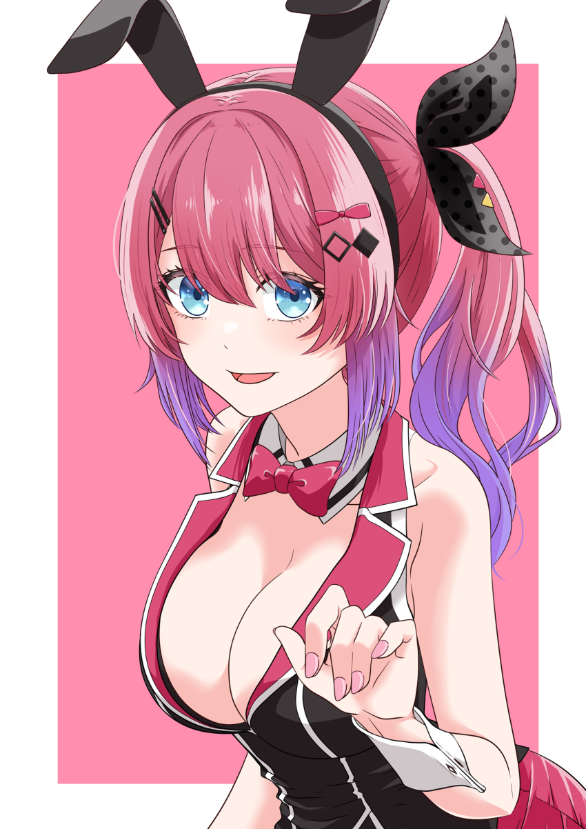 10miyamoto 1girl animal_ears bare_shoulders black_ribbon black_vest blue_eyes bow bowtie breasts bunny_garden collar collared_vest detached_collar fake_animal_ears gradient_hair hair_ornament hair_ribbon hairclip highres hostess kuramochi_meruto large_breasts long_hair looking_at_viewer multicolored_hair nijisanji open_mouth pink_bow pink_bowtie pink_collar pink_hair pink_nails pink_skirt pleated_skirt plunging_neckline purple_hair rabbit_ears ribbon side_ponytail skirt smile solo vest virtual_youtuber white_collar wing_collar wrist_cuffs