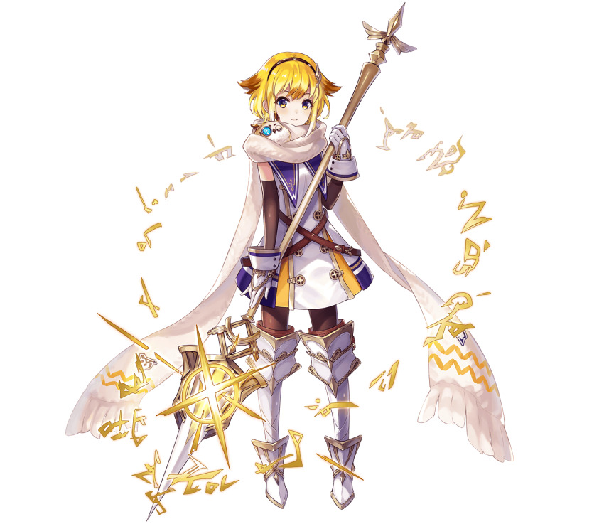 1girl ancient_killers_(phantom_of_the_kill) animal_ears armored_boots bare_shoulders bird black_hairband blonde_hair boots breasts brown_pantyhose closed_mouth company_name fake_animal_ears full_body gloves hair_ornament hairband hand_up highres holding holding_polearm holding_weapon looking_at_viewer medium_breasts medium_hair mikan_ame_(gumi) military_uniform minerva_(phantom_of_the_kill) monocle multicolored_eyes official_art owl pantyhose phantom_of_the_kill polearm scarf simple_background spear standing straight-on third-party_source transparent_background two-handed two-tone_eyes weapon white_footwear white_gloves white_scarf