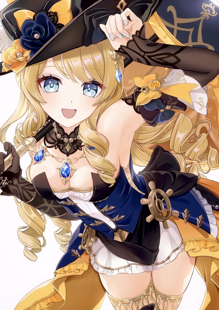 1girl aqua_nails arm_up armpits black_hat blonde_hair blue_eyes blue_gemstone breasts detached_collar detached_sleeves dress gem genshin_impact geo_symbol_(genshin_impact) hair_ornament hat highres holding holding_umbrella jewelry large_breasts long_hair looking_at_viewer navia_(genshin_impact) necklace open_mouth saeki_pcwtr8422 simple_background skirt smile solo strapless strapless_dress thighhighs umbrella vision_(genshin_impact) white_background white_skirt zettai_ryouiki