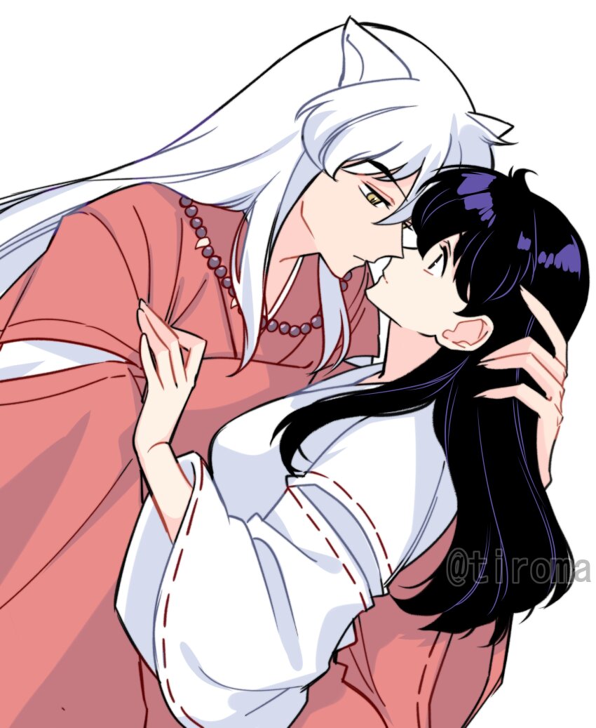 1boy 1girl absurdres bead_necklace beads black_hair couple fingernails hair_between_eyes hand_in_another&#039;s_hair hetero highres higurashi_kagome imminent_kiss inuyasha inuyasha_(character) japanese_clothes jewelry long_hair looking_at_another miko necklace red_shirt sharp_fingernails shirt sidelocks tiroma tooth_necklace twitter_username upper_body white_background white_hair white_shirt yellow_eyes