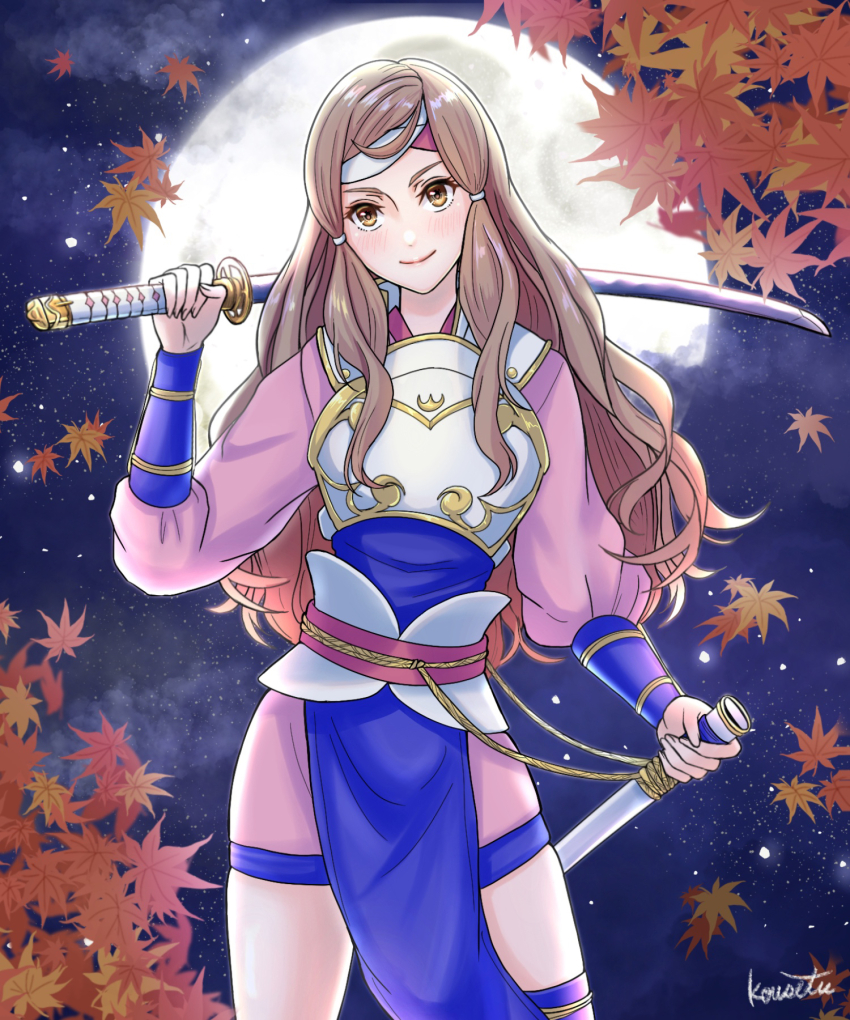 1girl armor brown_eyes brown_hair dual_wielding fire_emblem fire_emblem_fates full_moon hana_(fire_emblem) headband highres holding holding_sword holding_weapon japanese_armor japanese_clothes katana kousetu0506 long_hair looking_at_viewer moon night night_sky nintendo samurai sky solo sword weapon