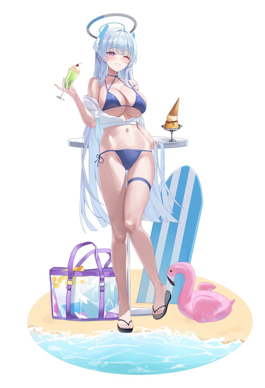 1girl absurdres alternate_costume bikini blue_archive blue_bikini blush breasts cropped_jacket drink grin halo hido88 highres holding holding_drink jacket large_breasts navel noa_(blue_archive) open_clothes open_jacket purple_eyes sandals smile solo stomach swimsuit white_hair white_halo white_jacket