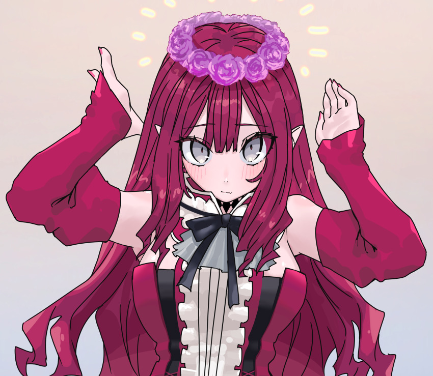 1girl absurdres baobhan_sith_(fate) baobhan_sith_(first_ascension)_(fate) bare_shoulders blush breasts center_frills detached_collar detached_sleeves dress fate/grand_order fate_(series) flower_wreath frills grey_eyes head_wreath highres large_breasts long_hair looking_at_viewer niwaikanai pink_hair pointy_ears red_dress sidelocks solo