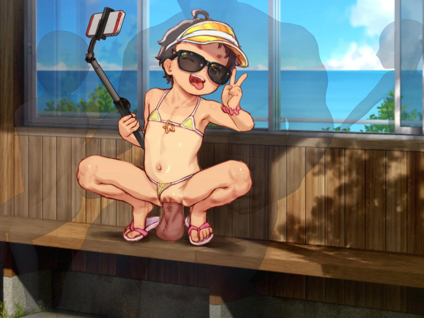 1girl 3boys bench bikini bikini_bottom_aside black_hair cellphone censored clothing_aside faceless faceless_male flat_chest flip-flops full_body hetero highres invisible_man kurotsuki_(luowei99) loli micro_bikini mosaic_censoring multiple_boys navel one-piece_tan one_eye_closed open_mouth original penis phone pussy sandals scrunchie selfie selfie_stick sex short_hair sitting smartphone smile spread_legs star_(symbol) sunglasses swimsuit tan tanline teeth tongue tongue_out upper_teeth_only uvula v vaginal visor_cap window wrist_scrunchie yellow_bikini