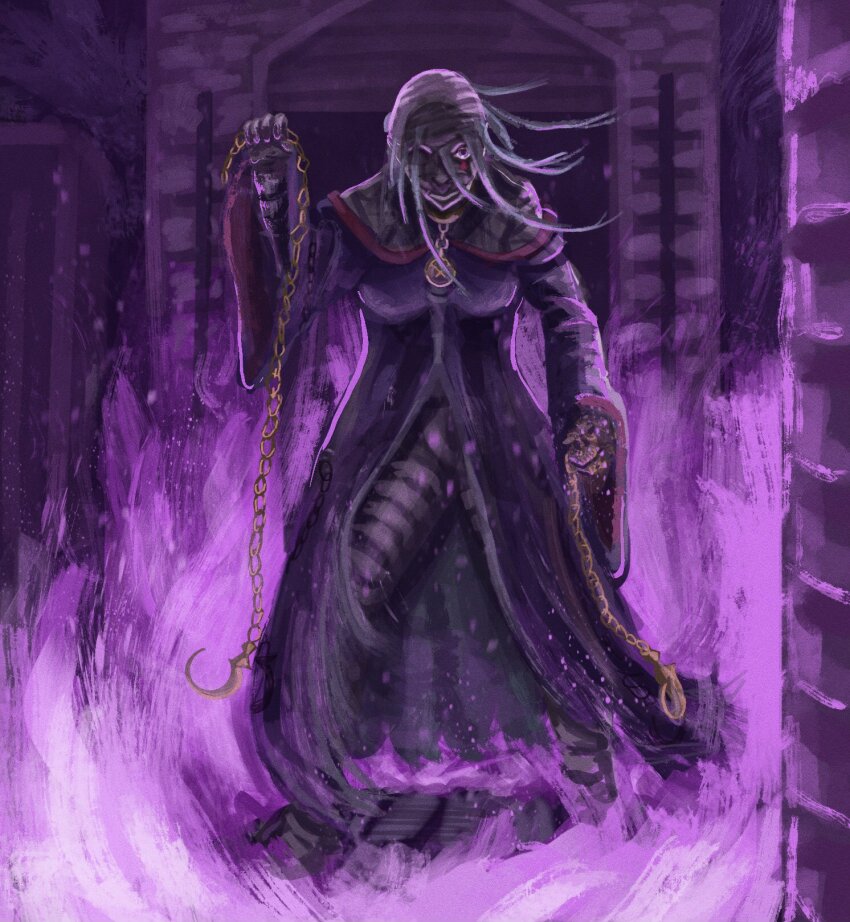 1girl bandaged_arm bandaged_head bandaged_neck bandages chain collarbone fire grey_hair hair_between_eyes highres holding holding_chain hook horror_(theme) long_hair melancholymaze0 mummy one_eye_covered purple_fire re:zero_kara_hajimeru_isekai_seikatsu sirius_(re:zero) standing