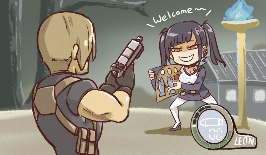1boy 1girl black_hair black_jacket black_shirt black_skirt blonde_hair blue_fire blunt_bangs breasts chest_harness cleavage commentary_request egg fake_screenshot fire fish from_behind full_body gloves goddess_of_victory:_nikke grin gun harness health_bar high_heels highres holding holding_gun holding_weapon holster house jacket lamppost large_breasts leon_s._kennedy long_sleeves looking_at_another medium_hair merchant_(resident_evil) miniskirt mixed-language_commentary narrowed_eyes navel neckerchief night night_sky open_clothes open_jacket outdoors pantyhose pouch red_eyes resident_evil resident_evil_4 shirt skirt skirt_set sky smile sora_(nikke) stupidleon2 suit_jacket tree two_side_up upper_body user_interface v-neck weapon white_pantyhose white_shirt