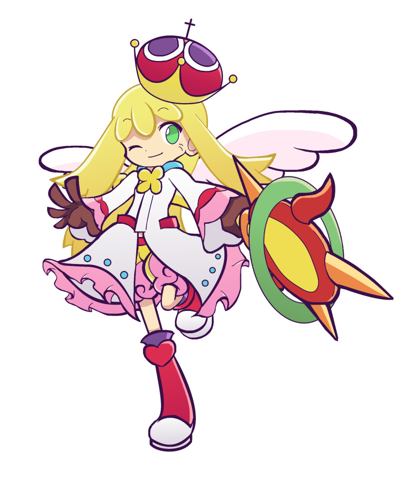 1girl ;) alternate_hair_length alternate_hairstyle alternate_headwear amitie_(puyopuyo) angel_wings blonde_hair blue_collar boots brooch brown_gloves character_hat coat coat_dress collar crown deformed dot_nose double-parted_bangs dress flower flower_brooch full_body gloves green_eyes highres holding holding_staff karen_(1217karen) knee_boots knee_up light_smile long_hair long_sidelocks long_sleeves looking_to_the_side multicolored_shorts no_pupils official_style one_eye_closed open_clothes open_coat open_hand pink_shorts pleated_coat puyo_(puyopuyo) puyopuyo raised_eyebrows red_amitie red_boots shorts sidelocks sideways_glance sideways_hat simple_background smile solo staff standing standing_on_one_leg tachi-e transparent_background white_coat white_wings wings yellow_flower yellow_shorts