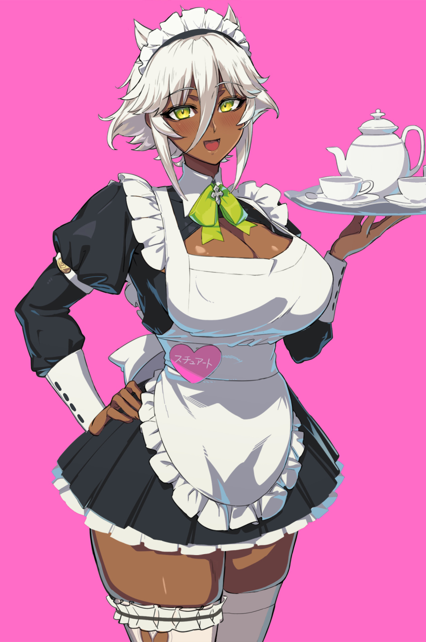 1girl alternate_costume apron breasts cleavage cup dark-skinned_female dark_skin enmaided green_eyes hand_on_own_hip highres holding holding_tray huge_breasts looking_at_viewer maid maid_apron maid_headdress ookuma_nekosuke open_mouth pink_background shinmai_maou_no_testament simple_background skindentation smile solo standing teacup teapot thighhighs thighs tray white_hair white_thighhighs wrist_cuffs zest