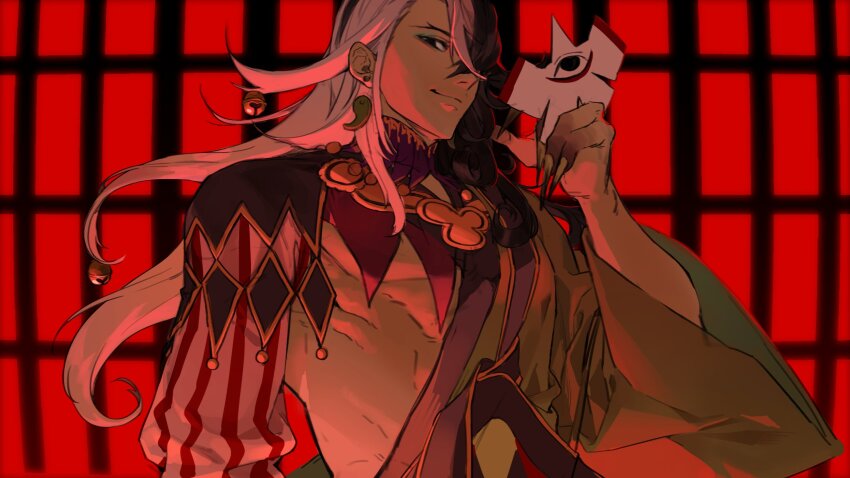 1boy ashiya_douman_(fate) asymmetrical_clothes asymmetrical_hair bell black_eyes black_hair curly_hair earrings eyeshadow fate/grand_order fate_(series) fingernails green_eyeshadow green_kimono grid_background hadanugi_dousa hair_bell hair_between_eyes hair_ornament hair_over_one_eye highres japanese_clothes jewelry kimono long_hair magatama magatama_earrings makeup male_focus multicolored_hair onmyouji open_clothes open_kimono potato_goril red_background ribbed_sleeves sharp_fingernails shikigami split-color_hair two-tone_hair very_long_fingernails white_hair