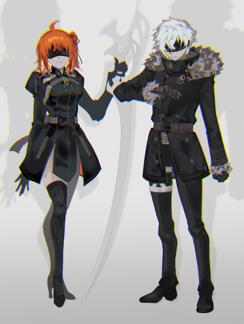 1boy 1girl adapted_costume ahoge alternate_color arm_at_side back_bow belt black_blindfold black_coat black_dress black_footwear black_gloves black_pants black_ribbon black_thighhighs blindfold bow chaldea_logo chest_strap chromatic_aberration clenched_hand closed_mouth coat command_spell dress facing_viewer fate/grand_order fate_(series) fujimaru_ritsuka_(female) fujimaru_ritsuka_(female)_(decisive_battle_chaldea_uniform) full_body fur-trimmed_collar fur-trimmed_sleeves fur_trim gloves grey_background grey_belt grey_bow grey_hair hair_ribbon hanako_(onikutabetaiyo) hand_up high_collar high_heels highres holding holding_sword holding_weapon juliet_sleeves kadoc_zemlupus long_sleeves medium_hair nier:automata nier_(series) orange_hair pants puffy_sleeves ribbon short_hair side_ponytail smile standing sword thigh_strap thighhighs twitter_username two-sided_dress two-sided_fabric weapon