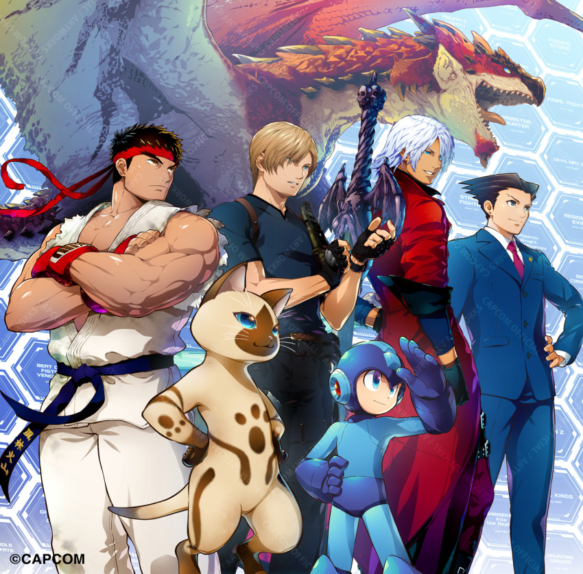 6+boys ace_attorney black_gloves black_hair black_pants black_sash blue_eyes blue_helmet blue_jacket blue_pants blue_shirt body_fur brown_fur brown_scales capcom cat coat company_connection copyright_name cowboy_shot dante_(devil_may_cry) devil_may_cry_(series) dougi dragon fingerless_gloves gloves group_picture headband helmet highres in-franchise_crossover jacket leon_s._kennedy mega_man_(character) mega_man_(classic) mega_man_(series) mizuno_keisuke monster_hunter_(series) multiple_boys necktie pants phoenix_wright purple_necktie rathalos rebellion_(sword) red_coat red_headband resident_evil ryu_(street_fighter) sash second-party_source sharp_teeth shirt standing street_fighter sword sword_on_back teeth tunic weapon weapon_on_back white_hair white_pants white_tunic