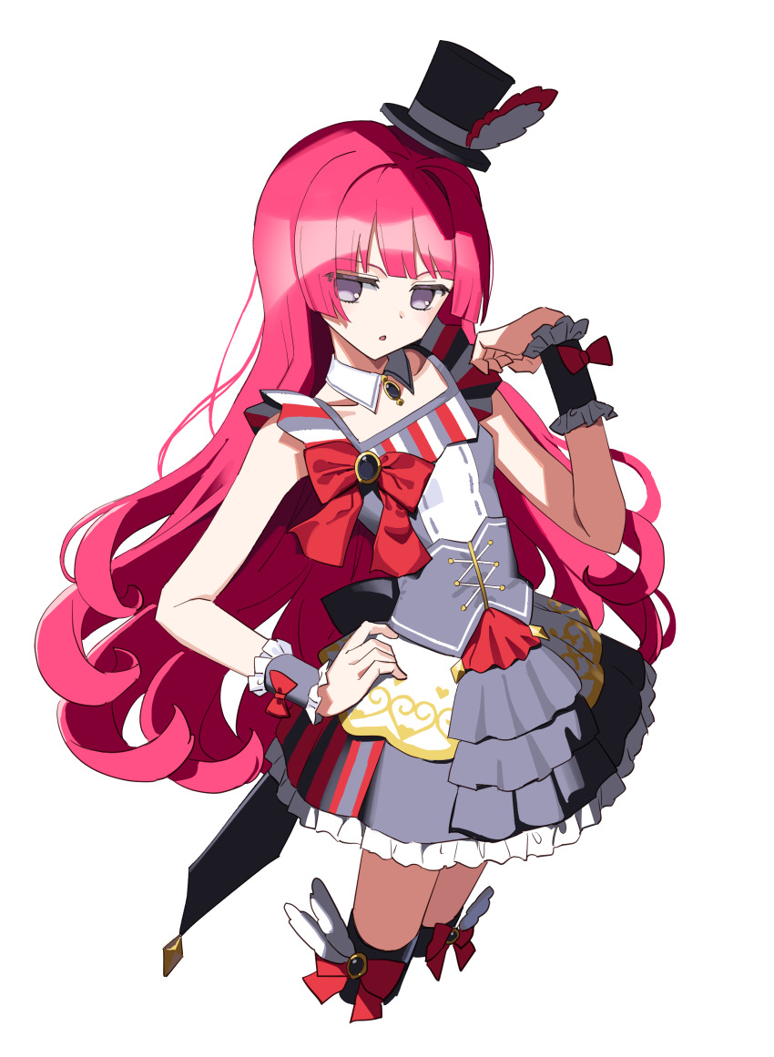 1girl absurdres anisakisu black_hat black_shirt black_skirt blunt_bangs breasts commentary_request corset cropped_legs detached_collar frilled_skirt frills hand_on_own_hip hand_up hat highres hojo_sophy idol_clothes long_hair looking_at_viewer mini_hat mini_top_hat open_mouth pretty_series pripara purple_eyes red_hair red_ribbon ribbon shirt simple_background skirt small_breasts solo standing top_hat white_background wrist_cuffs